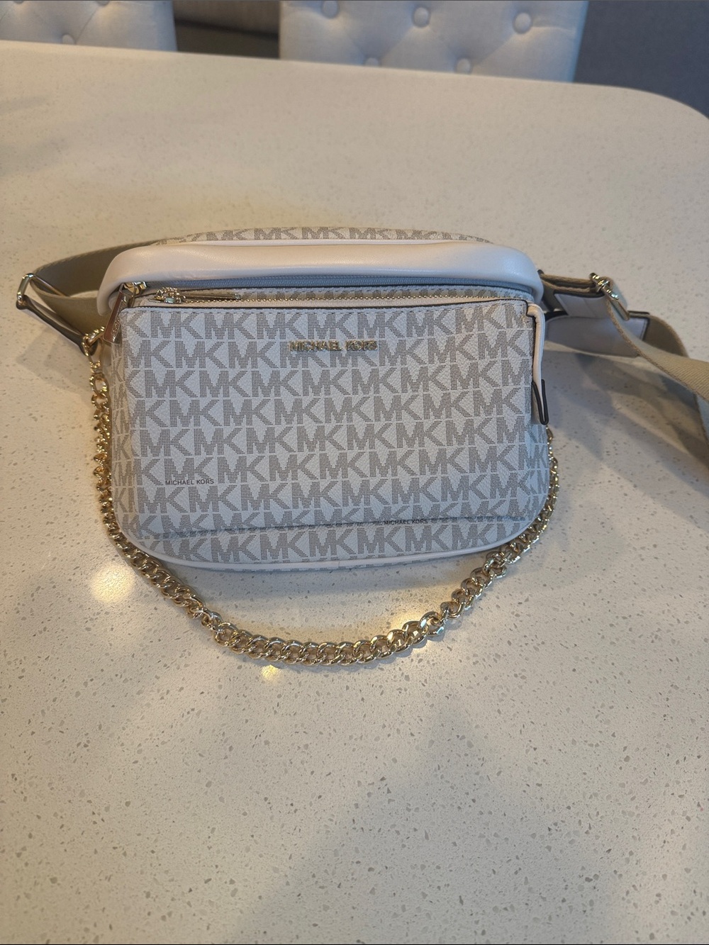 Michael Kors Cream and White MK Logo Crossbody with Gold Chain